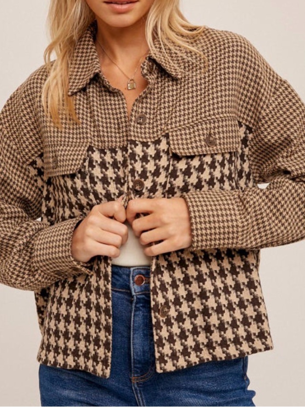Woven Houndstooth Shacket Jacket - Brown/Cream. Small.